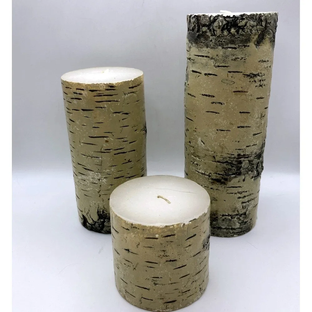 Pier One Faux Birch Candles Pedestal Set (3) Christmas Winter Rustic Cabin